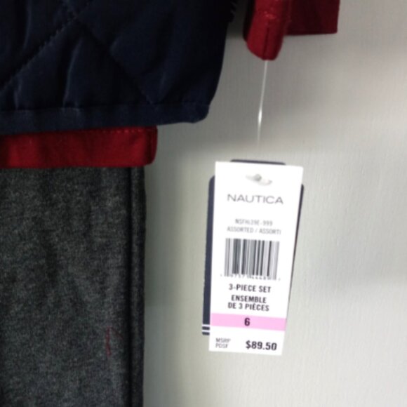 Nautica Boy 3-Pc Set Sz 6 Jogger Pants Puffer Vest Long Sleeve Tee Gray Blue Red - Picture 4 of 9